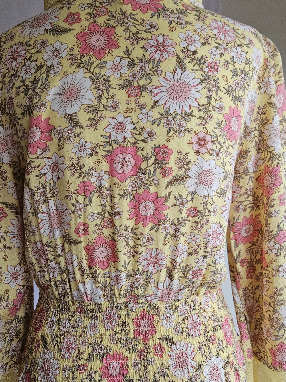 Yellow Pink Floral Boho Faux Wrap Smocked Blouse Lace Size M - Picture 7 of 14
